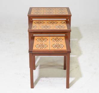 Danish Modern Tile Top Nest of 3 Tables #2: Danish Modern Tile Top Nest of 3 Tables - 19.5 in tall x 21 x 15, 17.5 in tall x 18 x 15 and 15.5 in tall x 15 x 15