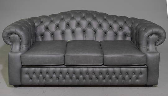 British Grey Button Tufted Leather Three Seater Sofa: British Grey Button Tufted Leather Three Seater Sofa with Hump Back - 33 in tall x 75 x 35 with a seat height of 17 inches