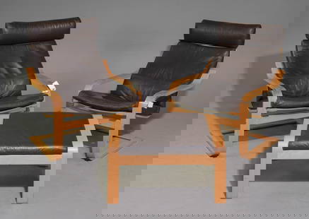 2 Danish Modern Leather Lounge Chairs & Foot Stool: 2 Danish Mid Century Modern Leather Lounge Chairs & Foot Stool - 36.5 in tall x 22.5 x 30 each with a seat height of 16 inches, Stool is 15 in tall x 27 x 19