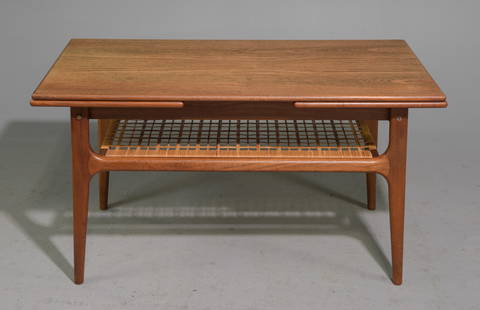 Danish Modern Coffee Table with Leaves: Danish Mid Century Modern Coffee Table with Leaves and Ratan Magazine Shelf - 22 in tall x 41.5 x 21, leaves add an additional 15 inches each