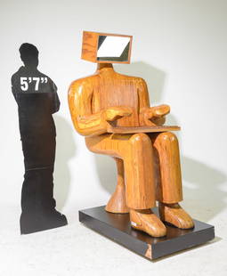 HY Farber Wood "Personal Computer" Sculpture: HY Farber Monumental Contemporary / Art Deco Design Wood "Personal Computer" Sculpture on Rolling Stand - 70.5 in tall x 33 x 41.25 -  HY Farber studied at two schools of art in New York, NY. The Flor