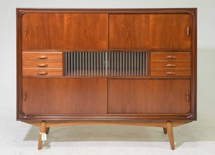 Danish Mid Century Modern Sliding Door Bar Cabinet: Danish Mid Century Modern Sliding Door Bar / Cocktail Cabinet - 49 in tall x 60.5 x 17.5