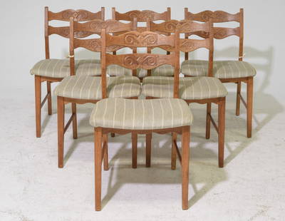 Danish Oak Set of 6 Dining Chairs: Danish Oak Set of 6 Dining Chairs - 32 in tall x 19.5 x 18 each with a seat height of 17 inches - Similar in style to / possibly by : S. Thrane & Son / Henning Kjaernulf / Guillerme & Chambron.