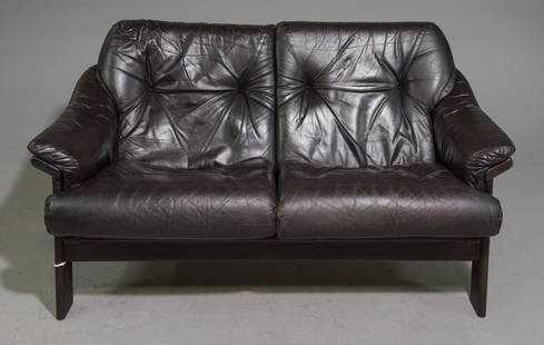 Danish Mid Century Modern Leather Two Seater Sofa: Danish Mid Century Modern Black Leather Two Seater Sofa / Love Seat - 31 in tall x 55 x 33 with a seat height of 17 inches