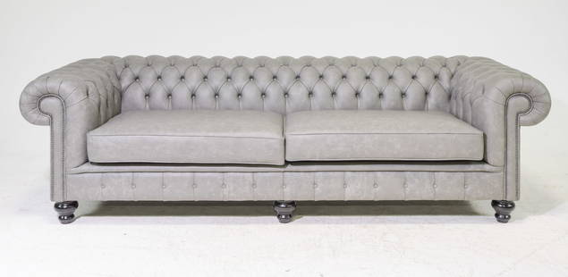 British Grey Leather Tufted Oversize Sofa: British Grey Leather Button Tufted Oversize Sofa - 31 in tall x 105 x 41, Seat height is 21 inches with a seating width of 77 inches and seat depth of 24 inches
