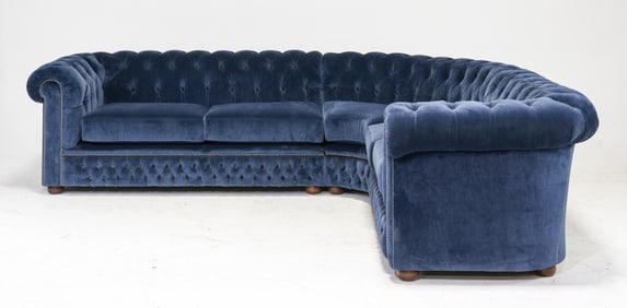 British Blue Velvet Button Tufted Sectional Sofa
