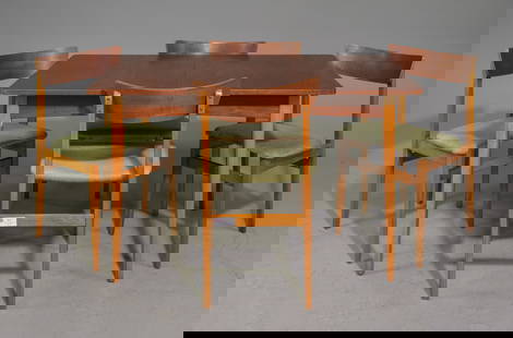 Mid Century Modern Dining Table & 4 Chairs: Danish Modern Style Dining Table with Insertable Leaf & 4 Chairs - 29 in tall x 48.5 x 30, Leaf adds an additional 15 inches, Floor to apron is 24.5 inches and the space between the legs is 37.5 inche