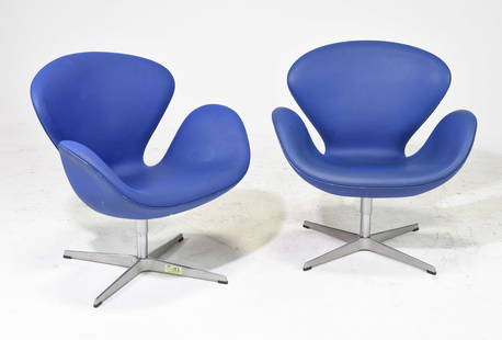 2 Blue Arne Jacobsen Swan Chairs: 2 Blue Arne Jacobsen / Fritz Hansen Swan Chairs from Rice University - 31 in tall x 29 x 26, Seat height is 16 inches