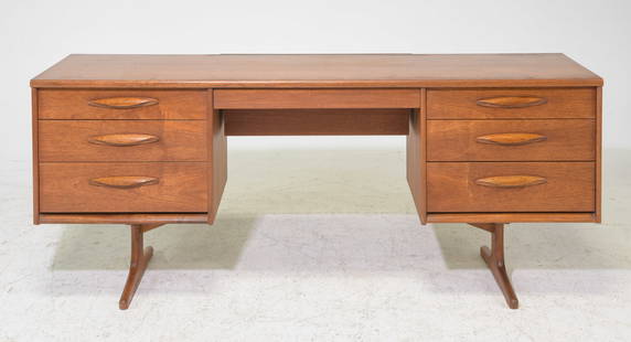 Mid Century Modern Dresser / Desk - Austinsuite: Danish Modern Style Dresser / Desk with Folded Handles by Austinsuite - 27 in tall x 66.5 x 17, Kneehole is 23.75 x 24.5
