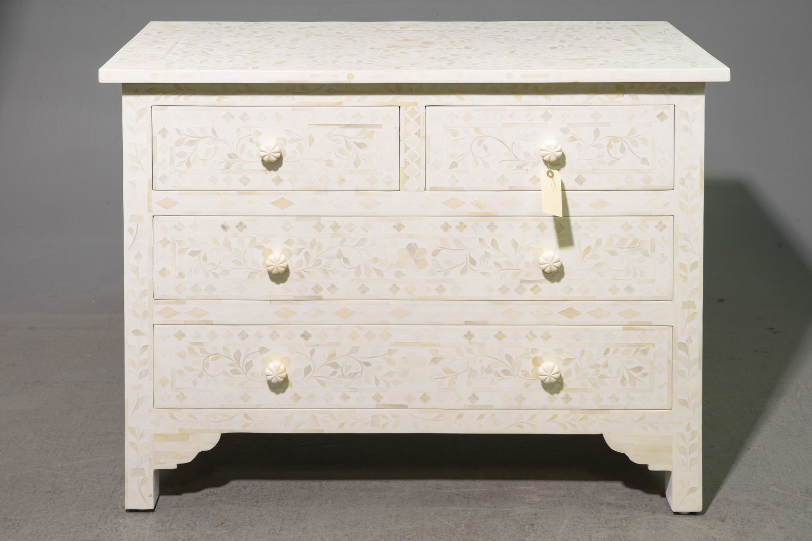 Four Drawer White Buffalo Bone Inlaid Chest: Four Drawer White Buffalo Bone Inlaid Chest - 32 in tall x 42 x 18