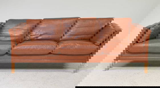 Danish Modern Brown Leather Three Seater Sofa: Danish Mid Century Modern Brown Leather Three Seater Sofa- 26.5 in tall x 86 x 32 with a seat height of 18 inches