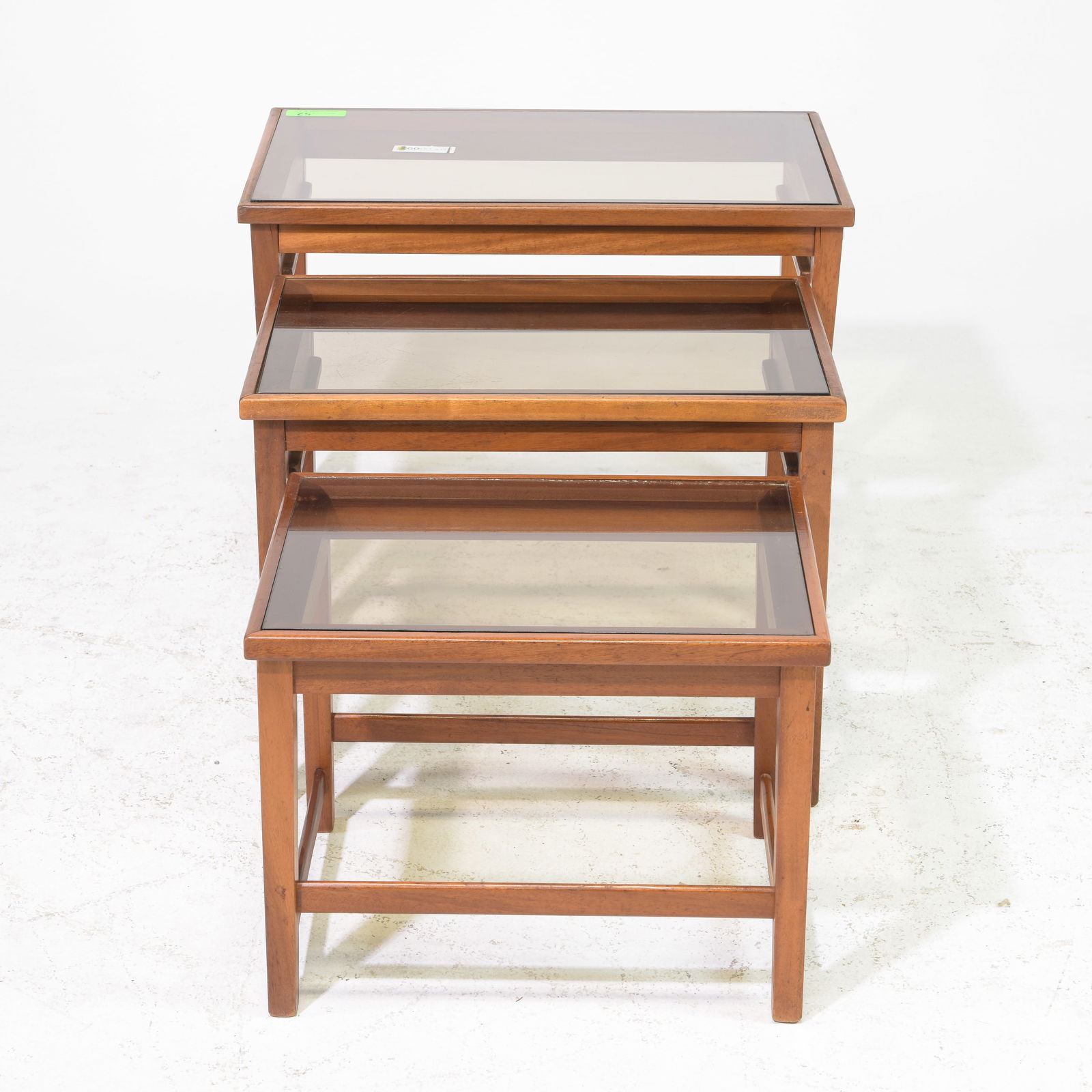 Mid Century Modern Glass Top Nest of 3 Tables: Danish Modern Style Glass Top Nest of Three Tables - 19 in tall x 24.5 x 16, 16 in tall x 21.5 x 15, 14 in tall x 18 x 14