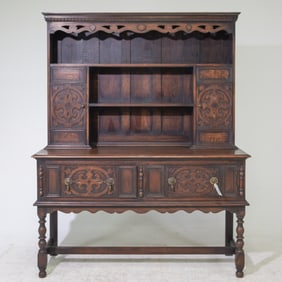 English Carved Oak Plate Rack Dresser