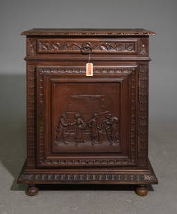French Breton Style Carved Oak Cabinet: French Breton Style Carved Oak Cabinet with Full Figural Relief Paneled Door - 41.5 in tall x 34 x 17