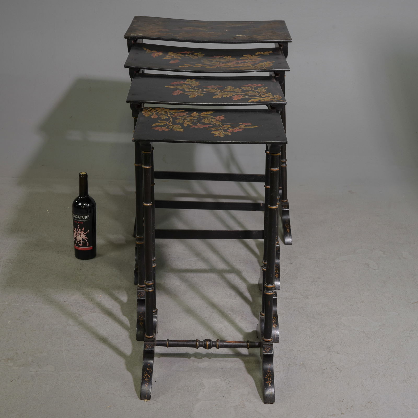 French Painted Nest of 4 Tables: French Painted Nest of 4 Tables - 29 in tall x 22 x 16, 28 in tall x 19.5 x 14.5, 27.5 in tall x 16.5 x 13 and 26.5 in tall x 14.5 x 11.5