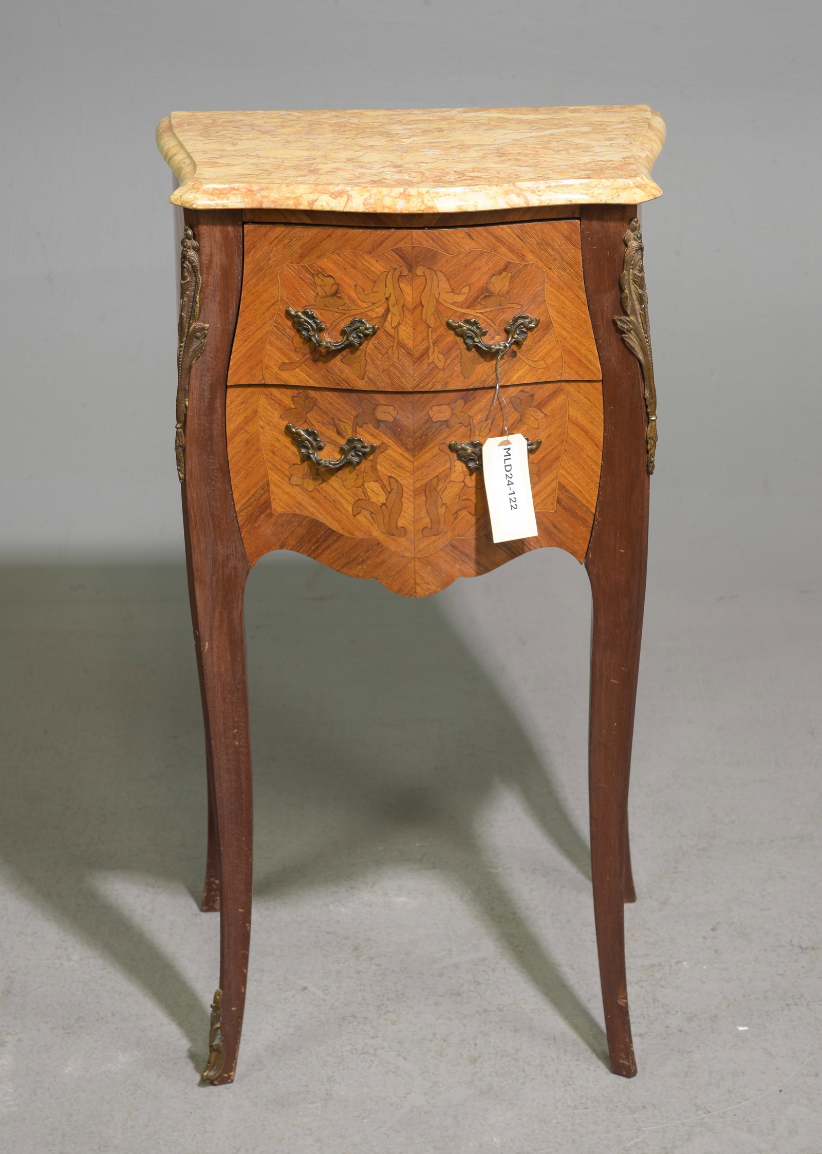 Louis XV Style Inlaid Marble Top Occasional Chest: French Louis XV Style Inlaid Marble Top Occasional Chest / Nightstand - 29.5 in tall x 14.5 x 13.5