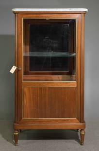 Louis XVI Style White Marble Top Vitrine: French Louis XVI Style White Marble Top Vitrine / Showcase - 61 in tall x 34 x 19