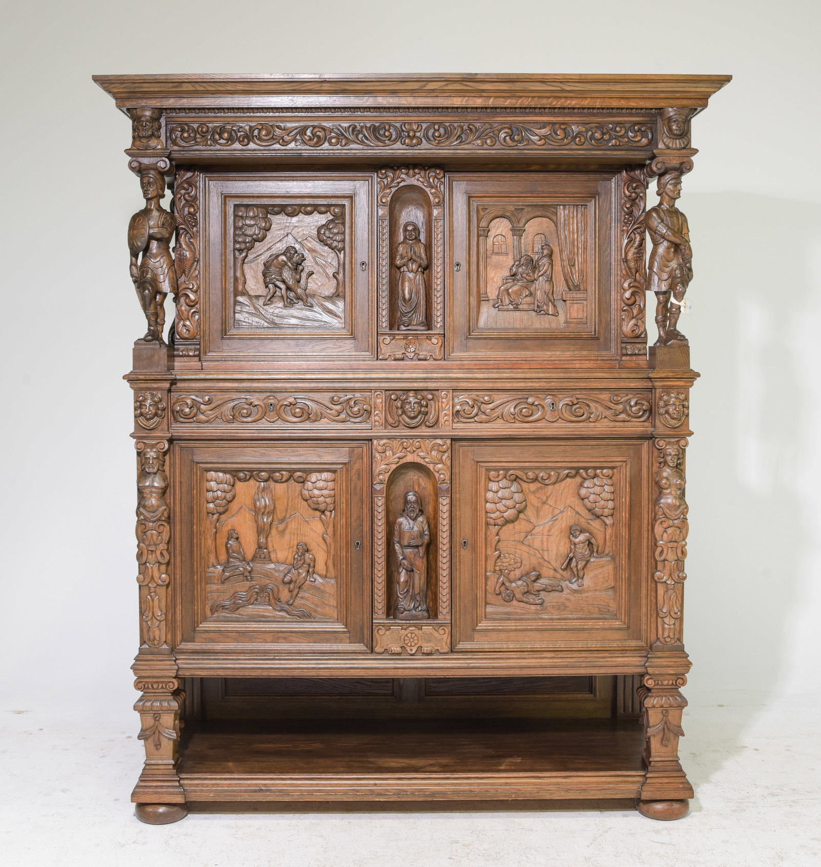 Renaissance Style Finely Carved Oak Cupboard: Renaissance Style Finely Carved Oak Cupboard - 77 in tall x 59 x 21