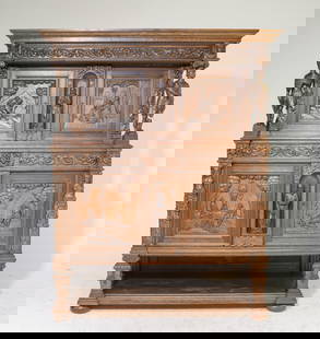 Renaissance Style Finely Carved Oak Cupboard: Renaissance Style Finely Carved Oak Cupboard - 77 in tall x 59 x 21