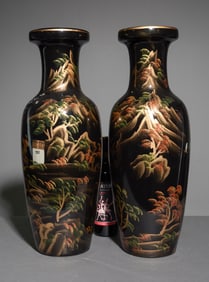 Chinese Pair of Hand Painted Lacquered Vases