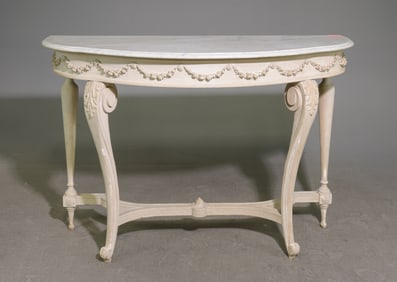 French White Marble Top Painted Hall Table / Console