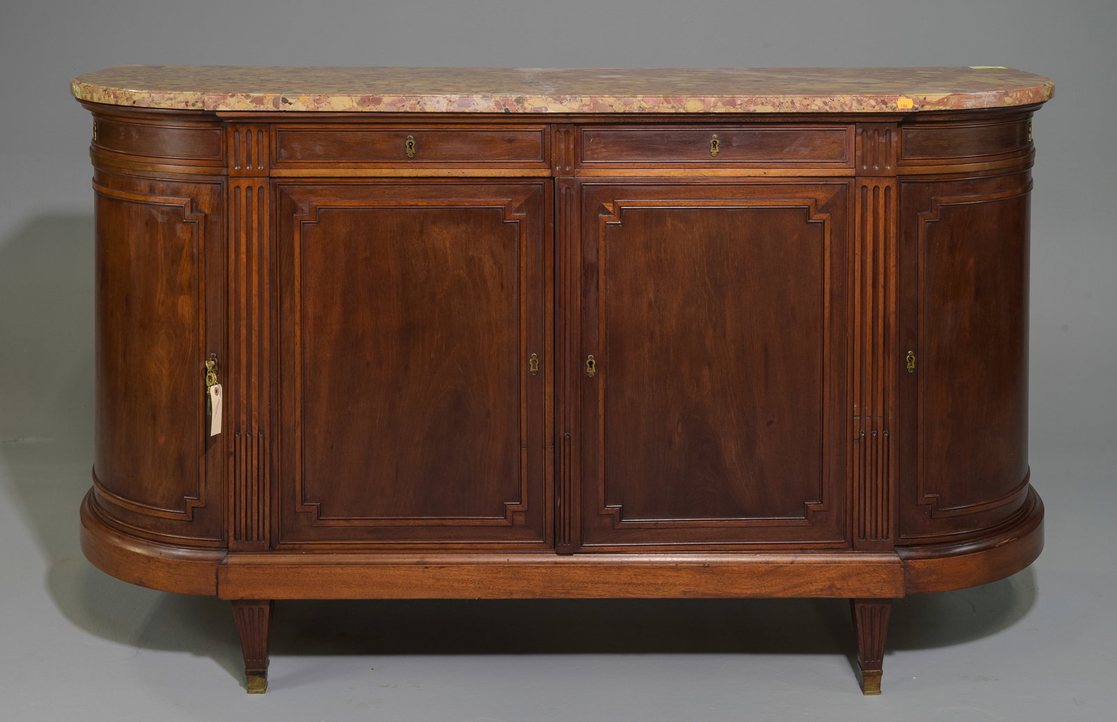 Louis XVI Style Marble Top Curved Sideboard: French Louis XVI Style Marble Top Curved Mahogany Sideboard / Enfilade c.1940's-50's - 40.5 in tall x 71 x 24