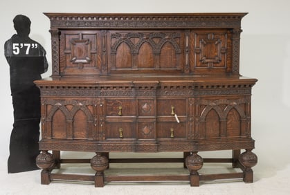 Jacobean Large Tiger Oak Carved Sideboard