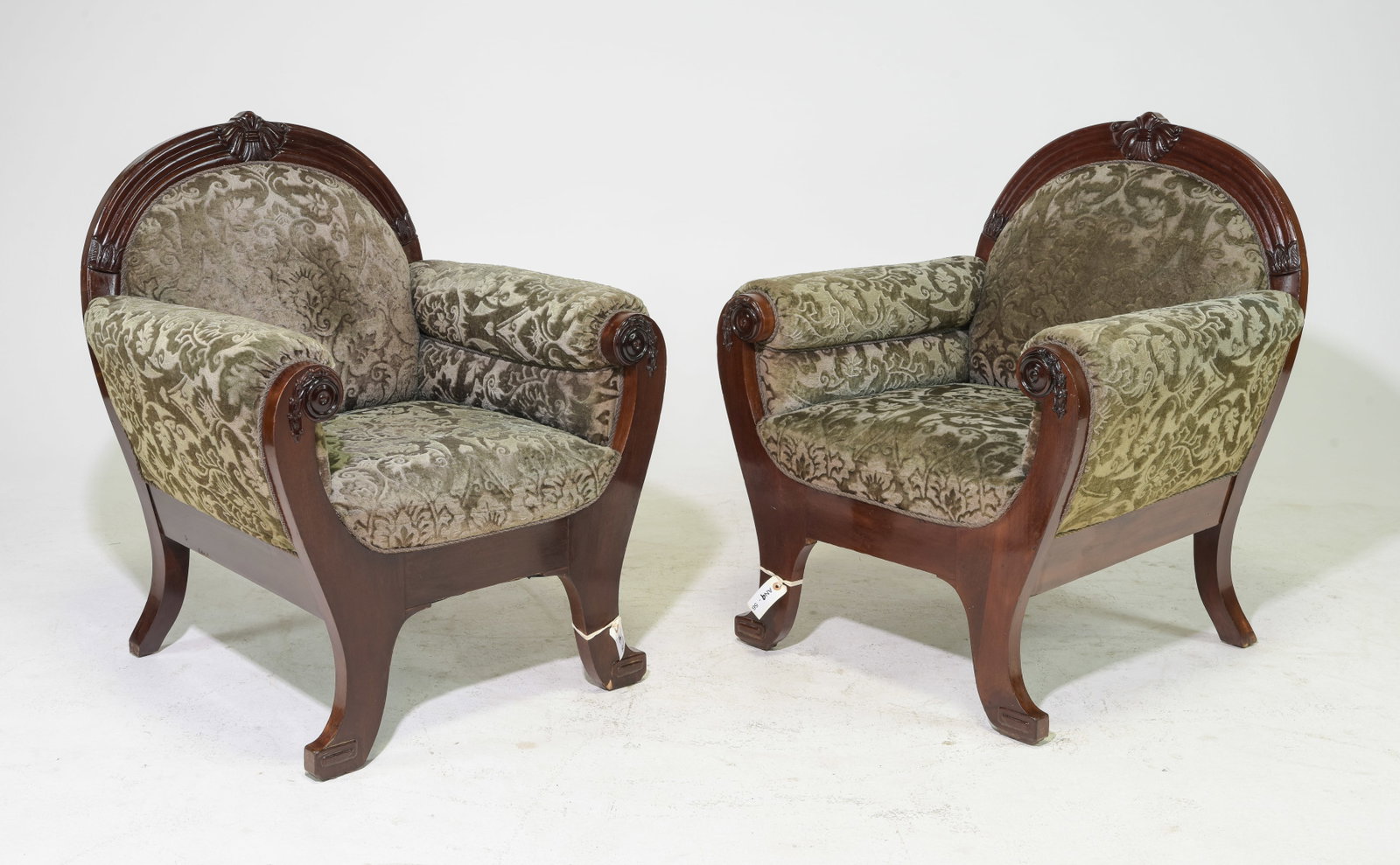 Danish Mahogany Pair of Upholstered Arm Chairs: Danish Mahogany Pair of Upholstered Arm Chairs - 38.5 in tall x 34.5 x 31 each with a seat height of 18 inches