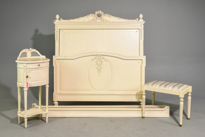 Louis XVI Style Painted Bed, Stool & Nightstand