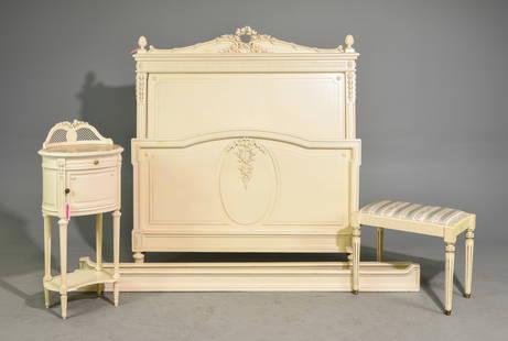Louis XVI Style Painted Bed, Stool & Nightstand: French Louis XVI Style Painted Bed with Rails, Foot Stool & Nightstand - Headboard is 59 in tall x 54 x 3.5, Rails are 74 inches long each, Nightstand is 38 in tall x 17 x 14 and the stool is 19 in ta