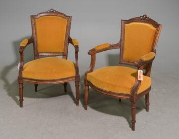 Louis XVI Style Pair Oak Arm Chairs
