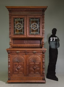 Renaissance Style Oak Stained Glass Double Buffet