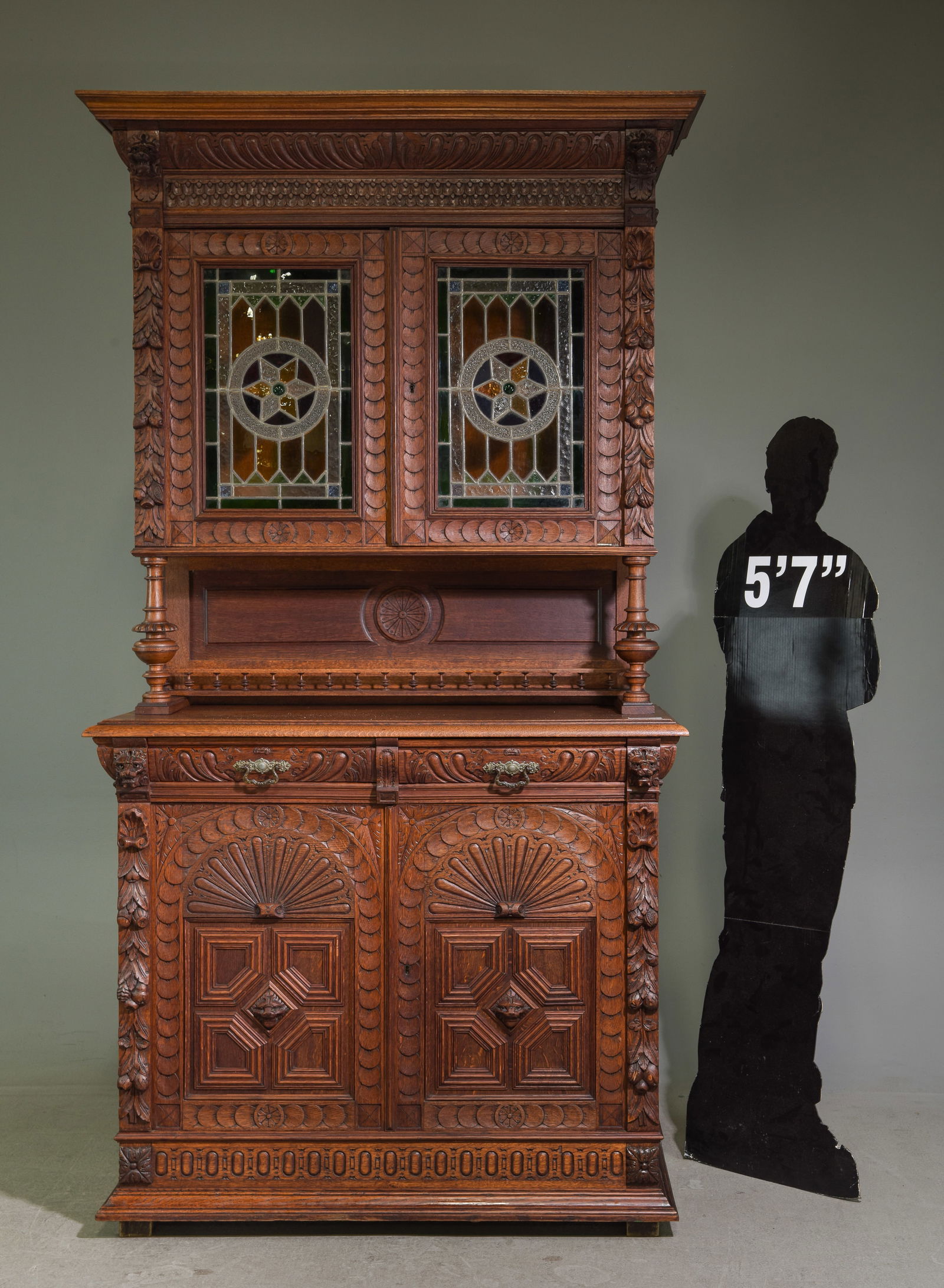 Renaissance Style Oak Stained Glass Double Buffet (1 of 9)