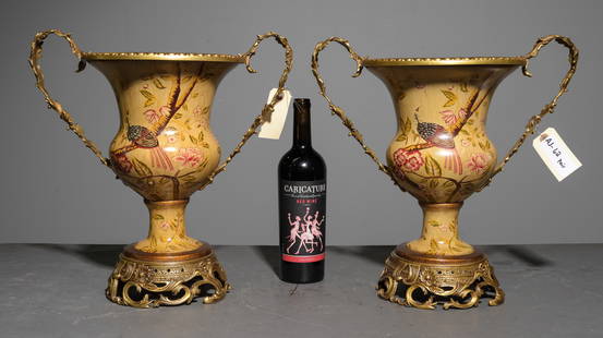 Castillion Pair of Gilded Bronze Mounted Vases: Castillion Pair of Gilded Bronze Mounted Vases - 14.5 in tall x 16 x 10 each