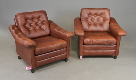 Danish Tufted Leather Pair of Club Chairs