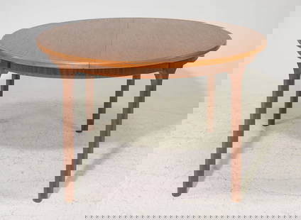 Round Mid Century Modern Dining Table - McIntosh: Round Danish Modern Style Dining Table by McIntosh - 30 in tall x 48 inch diameter, Leaf adds an additional 18 inches, Floor to apron is 26.5 inches and the space between the legs is 29 inches