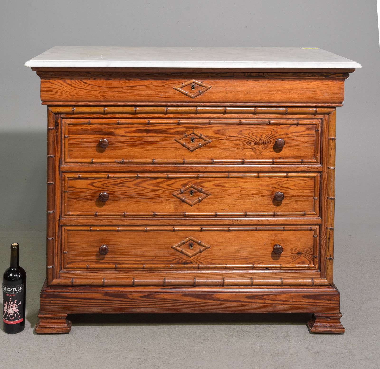 French Faux Bamboo White Marble Top 4 Drawer Chest: French Faux Bamboo White Marble Top 4 Drawer Chest - 37.5 in tall x 44.5 x 23