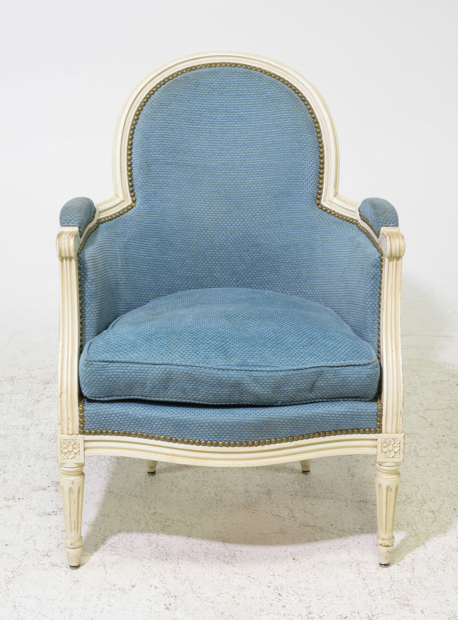 Louis XVI Style Painted Bergere Arm Chair: French Louis XVI Style Painted Bergere Arm Chair with Blue Upholstery - 36 in tall x 25.5 x 26 with a seat height of 19 inches