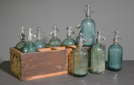 10 Blue Glass Seltzer Bottles In Wood Crate