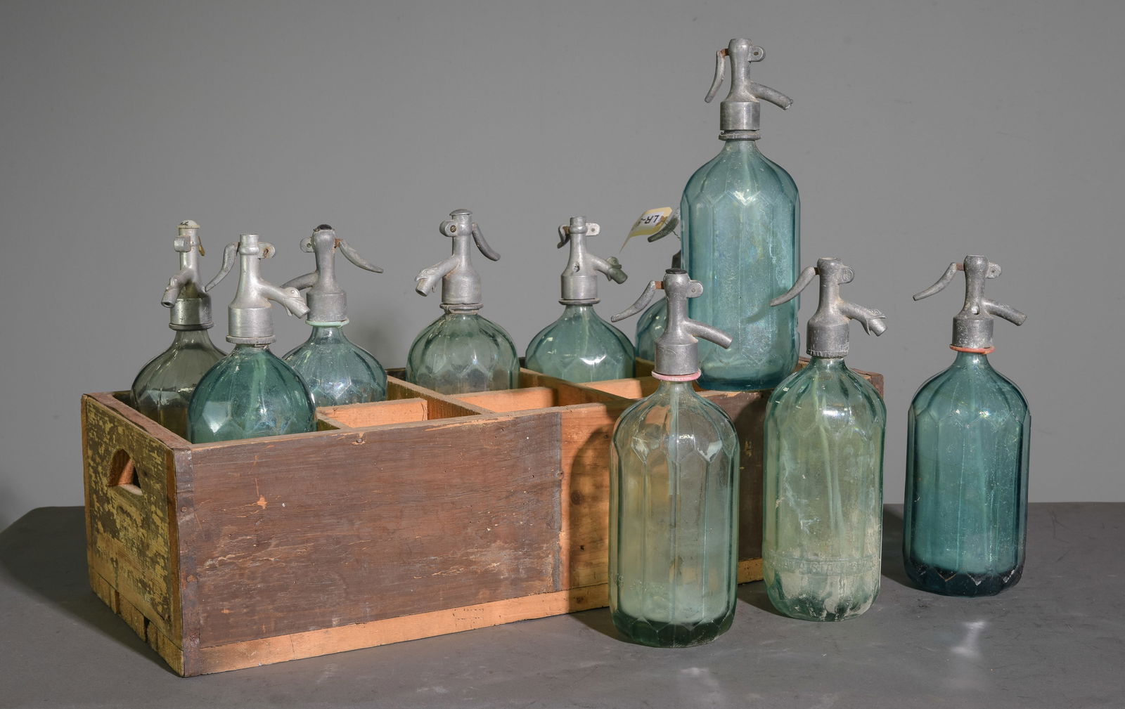 10 Blue Glass Seltzer Bottles In Wood Crate (1 of 4)