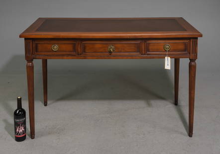 Louis XVI Style Three Drawer Desk / Writing Table: French Louis XVI Style Leather Top Three Drawer Desk / Writing Table - 29.5 in tall x 47 x 23.5, Floor to under is 22.5 inches