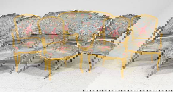 5pc Louis XV Style Gilded Salon Suite: 5pc French Louis XV Style Gilded Salon Suite / Sofa Set - Settee & 4 Arm Chairs - Settee is 36 in tall x 47 x 25 with a seat height of 18.5 inches and a seat depth of 20 inches, The arm chairs are 36