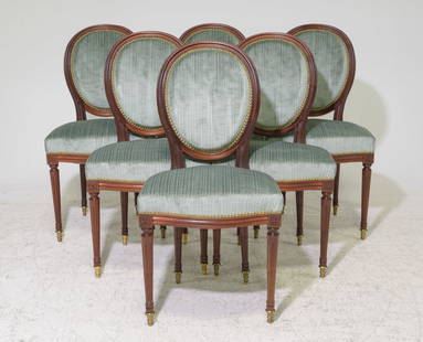 Louis XVI Style Set of 6 Balloon Back Dining Chairs: French Louis XVI Style Set of 6 Mahogany Balloon Back Dining Chairs - 38 in tall x 20 x 18 each with a seat height of 19.5 inches