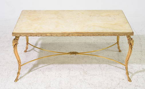 French Empire Style Marble Top Coffee Table: French Empire Style Marble Top Coffee Table with Rams Heads - 17.5 in tall x 35 x 19
