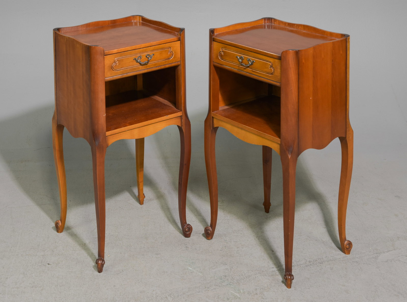 2 Louis XV Style Fruitwood Nightstands: 2 French Louis XV Style Fruitwood Nightstands - 28 in tall x 14 x 12 each