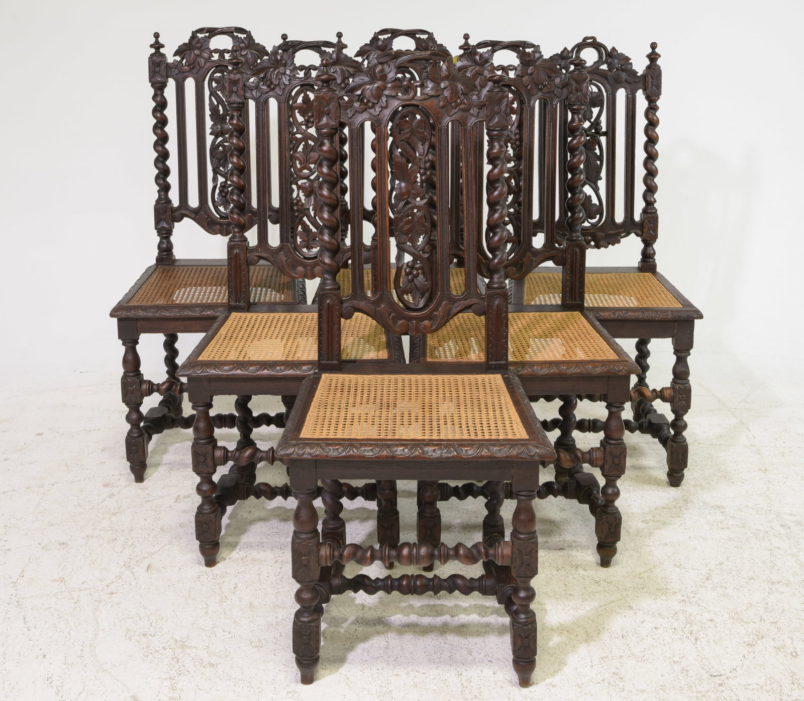Louis XIII Style Set of 6 French Twist Dining Chairs: French Louis XIII Style Set of 6 French Twist Dining Chairs with Caned Seats - 43 in tall x 19.5 x 16.5 each with a seat height of 18 inches