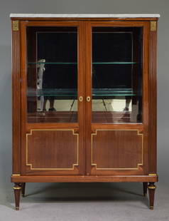 Louis XVI Style White Marble Top Showcase: French Louis XVI Style White Marble Top Mirror Back Showcase / Display Cabinet - 62.5 x 47 x 16.5