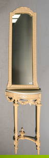 Louis XVI Style Painted Marble Top Table with Mirror: French Louis XVI Style Painted Marble Top Hall Table with Mirror - Mirror is 53 in tall x 20 x 2.5, Table is 33.5 in tall x 21.5 x 11
