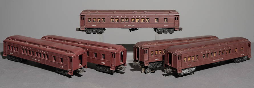 5pc Passenger / Boxcar Vintage Lionel Train: 5pc Passenger / Boxcar Vintage Lionel Train - Longest is 3.25 in tall x 14 x 2.5 - Names on the cars are "Irvington" (2625) there are two of these, "Madison" (2627) and "Manhattan" (2628) there are