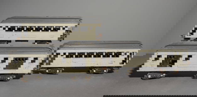 3 Vintage Metal Boxcars / Passenger Train Cars: 3 Vintage Metal Boxcars / Passenger Train Cars - 5 in tall x 13.5 x 3.5